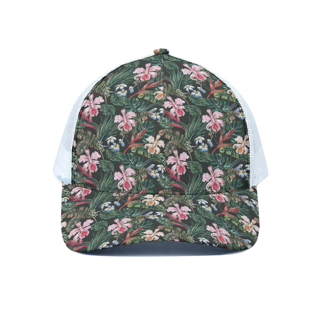 Vintage Tropical Exotic Hawaiian Print White Mesh Trucker Cap