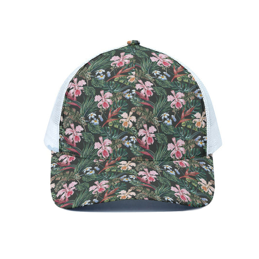 Vintage Tropical Exotic Hawaiian Print White Mesh Trucker Cap