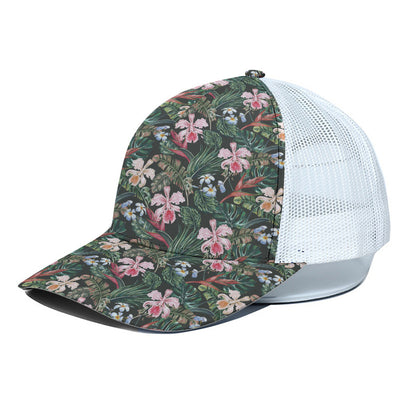 Vintage Tropical Exotic Hawaiian Print White Mesh Trucker Cap