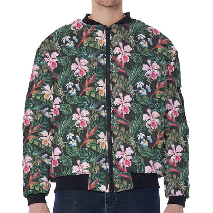 Vintage Tropical Exotic Hawaiian Print Zip Sleeve Bomber Jacket