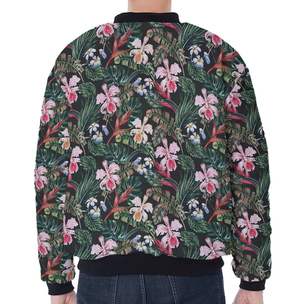 Vintage Tropical Exotic Hawaiian Print Zip Sleeve Bomber Jacket