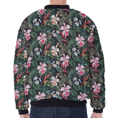Vintage Tropical Exotic Hawaiian Print Zip Sleeve Bomber Jacket