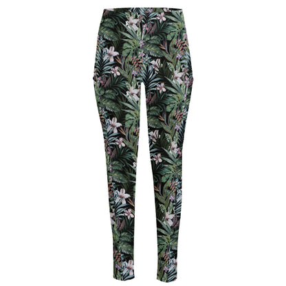 Vintage Tropical Floral Print High-Waisted Pocket Leggings