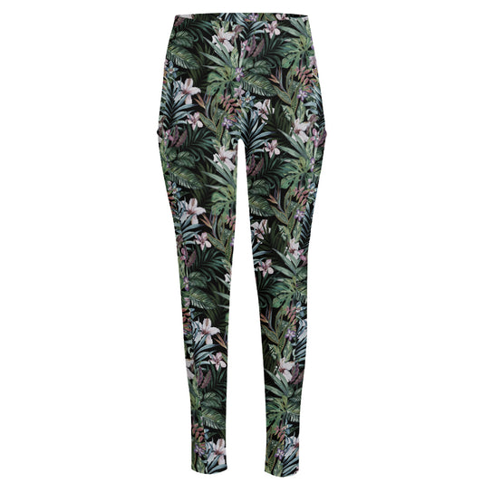 Vintage Tropical Floral Print High-Waisted Pocket Leggings