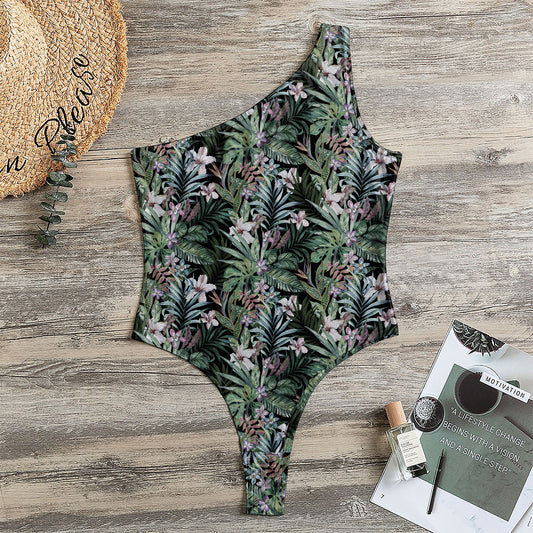 Vintage Tropical Floral Print One Shoulder Bodysuit