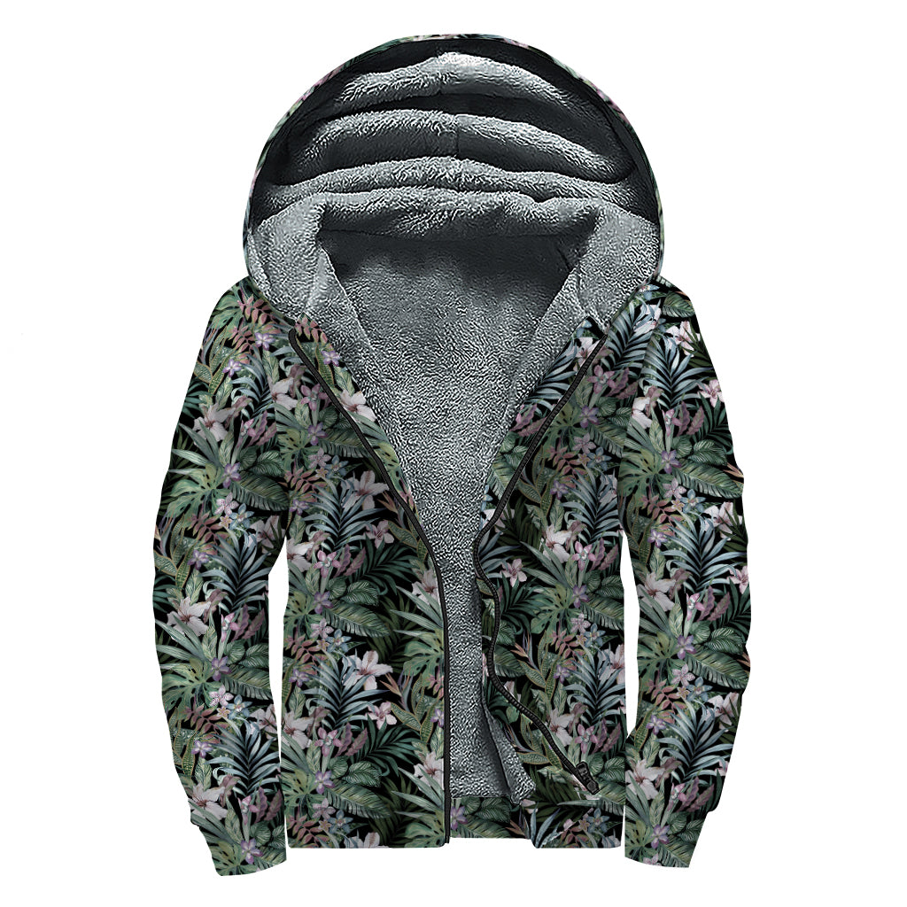 Vintage Tropical Floral Print Sherpa Lined Zip Up Hoodie