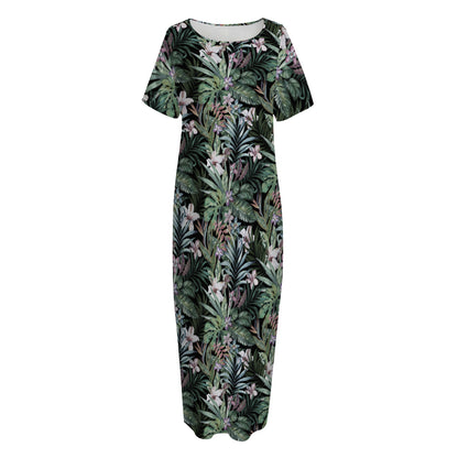 Vintage Tropical Floral Print Short Sleeve Long Nightdress