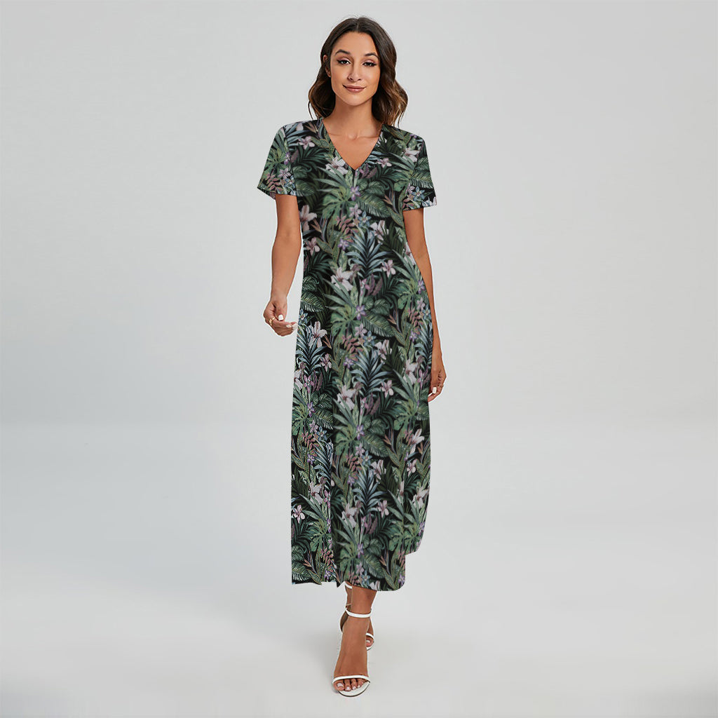 Vintage Tropical Floral Print Short Sleeve Maxi Dress