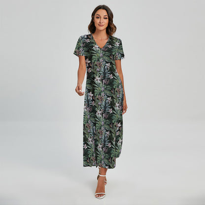 Vintage Tropical Floral Print Short Sleeve Maxi Dress