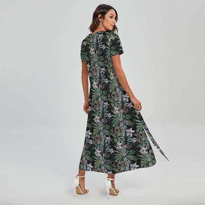 Vintage Tropical Floral Print Short Sleeve Maxi Dress