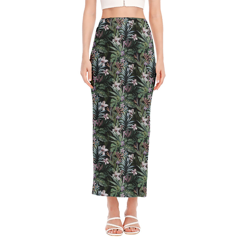 Vintage Tropical Floral Print Side Slit Maxi Skirt