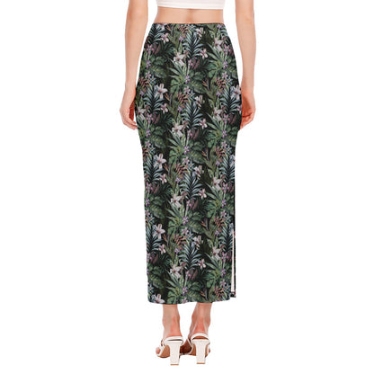 Vintage Tropical Floral Print Side Slit Maxi Skirt