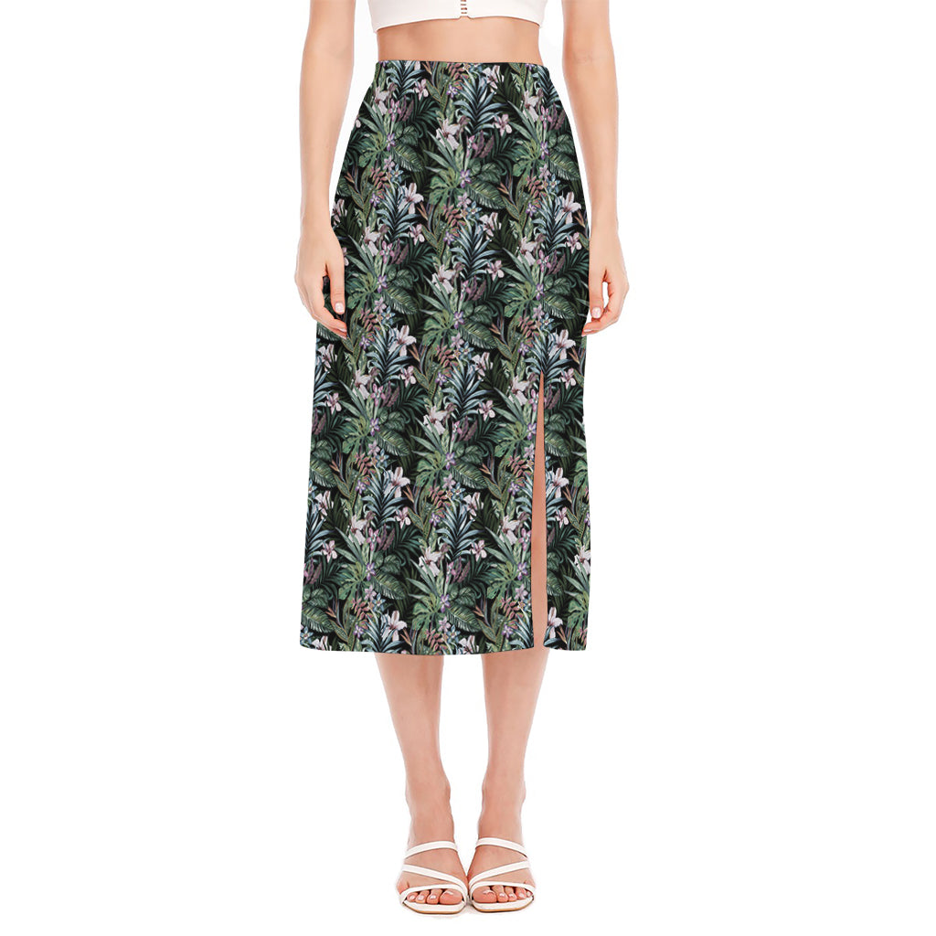 Vintage Tropical Floral Print Side Slit Midi Skirt