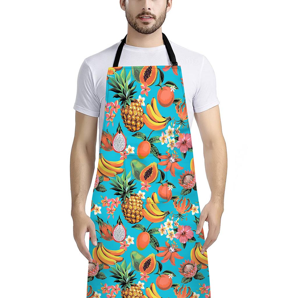 Vintage Tropical Fruits Pattern Print Bib Apron With Pocket