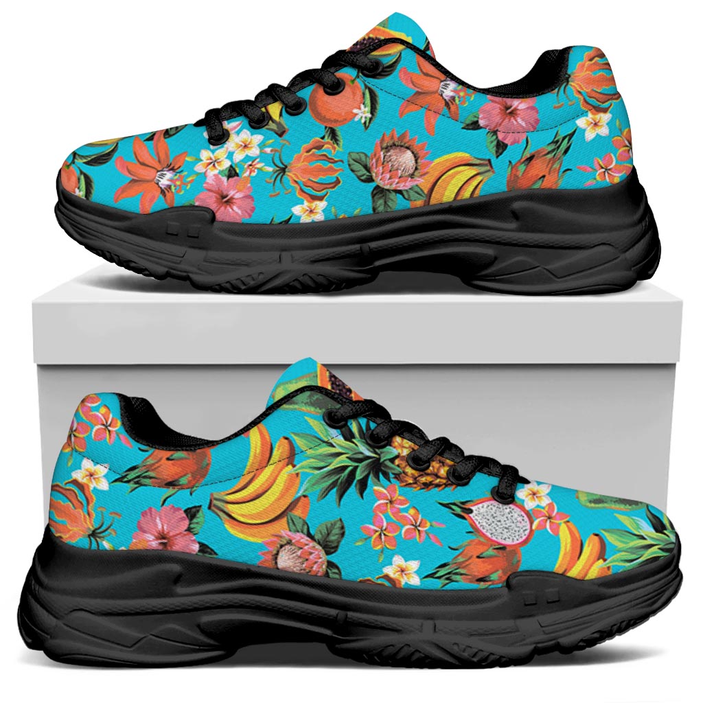 Vintage Tropical Fruits Pattern Print Black Chunky Shoes