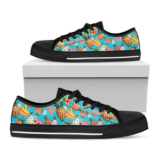 Vintage Tropical Fruits Pattern Print Black Low Top Sneakers