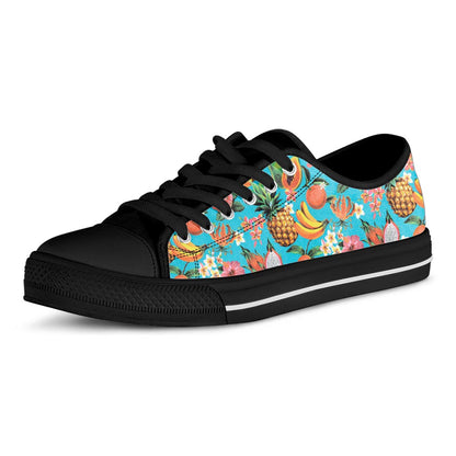 Vintage Tropical Fruits Pattern Print Black Low Top Sneakers