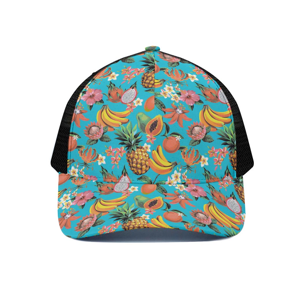 Vintage Tropical Fruits Pattern Print Black Mesh Trucker Cap