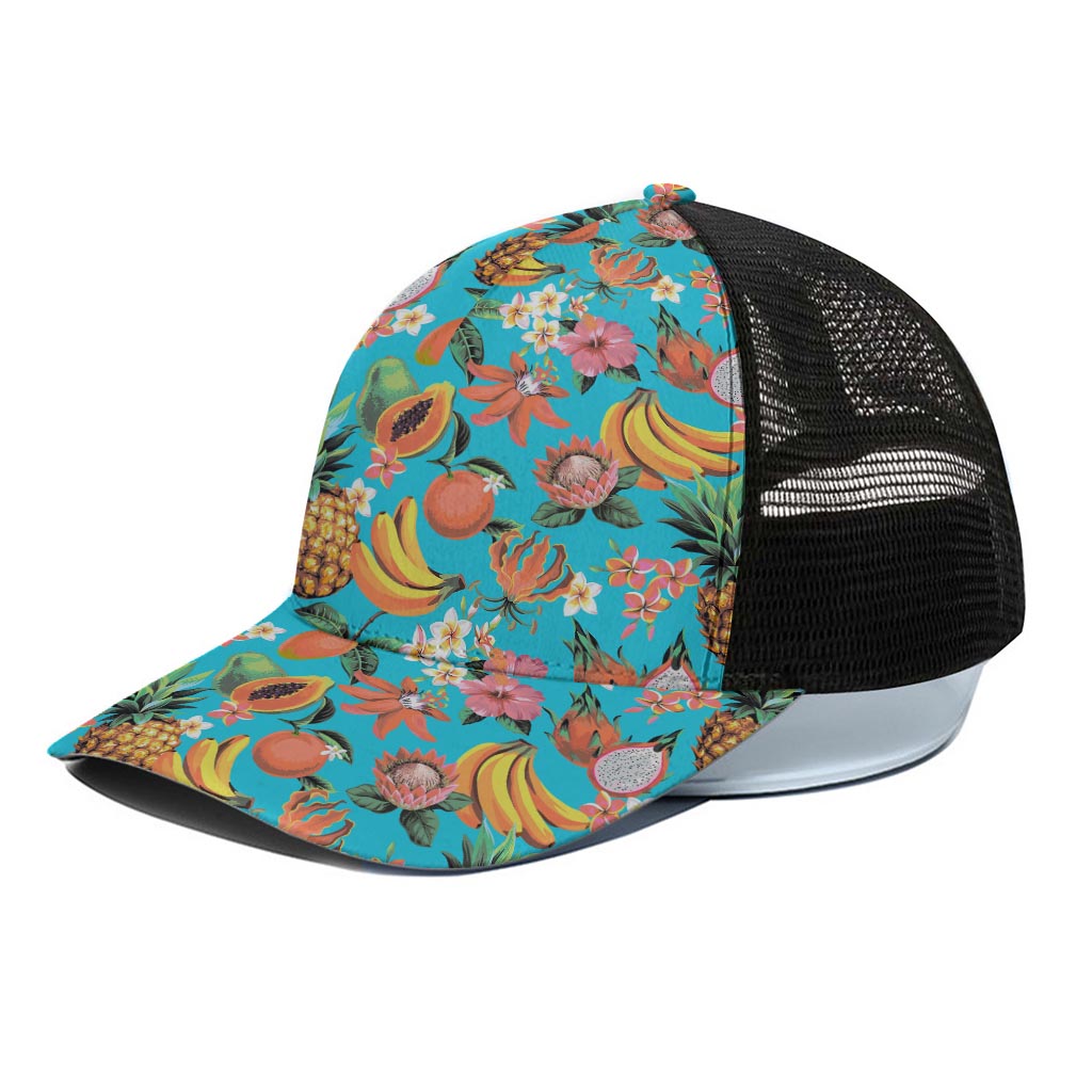 Vintage Tropical Fruits Pattern Print Black Mesh Trucker Cap