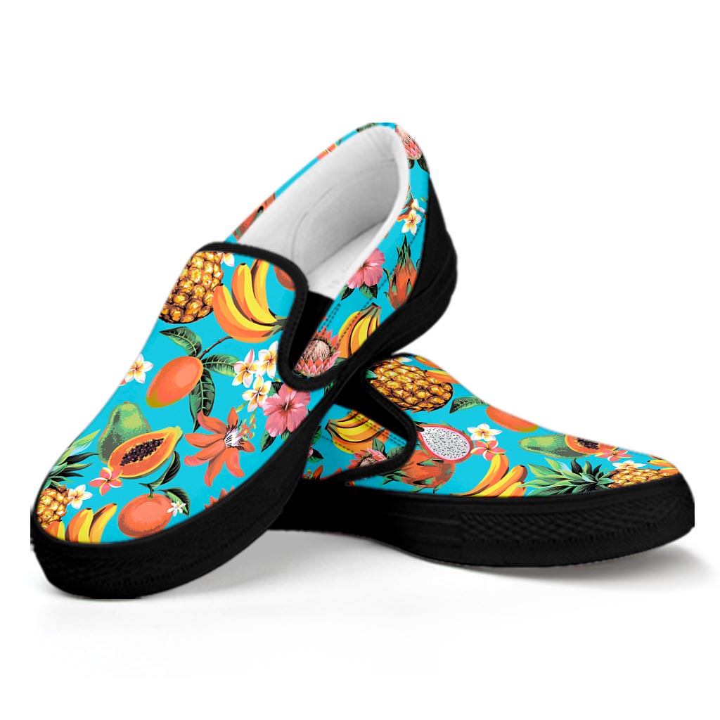 Vintage Tropical Fruits Pattern Print Black Slip On Sneakers