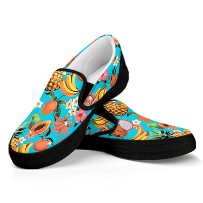 Vintage Tropical Fruits Pattern Print Black Slip On Sneakers