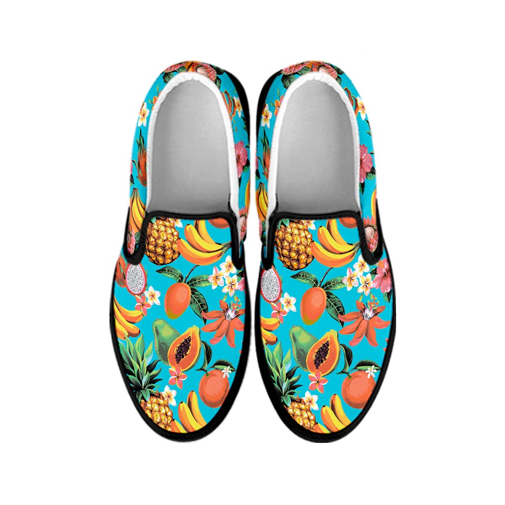 Vintage Tropical Fruits Pattern Print Black Slip On Sneakers