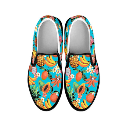 Vintage Tropical Fruits Pattern Print Black Slip On Sneakers