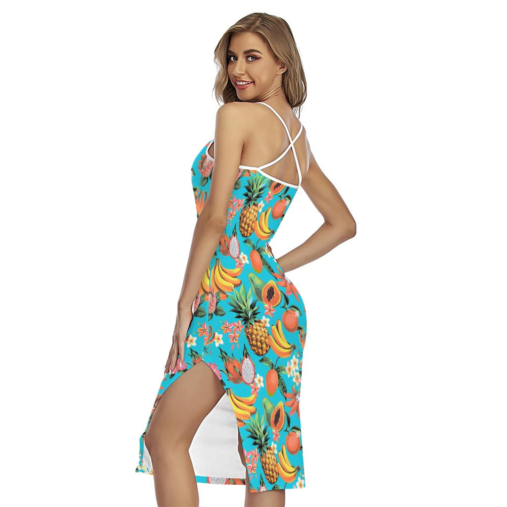 Vintage Tropical Fruits Pattern Print Cross Back Cami Dress