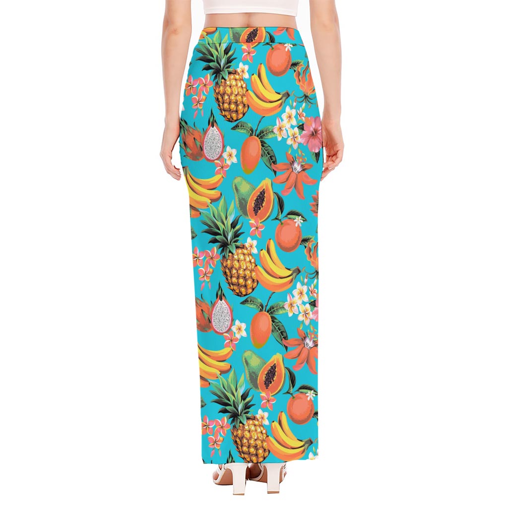 Vintage Tropical Fruits Pattern Print High Slit Maxi Skirt