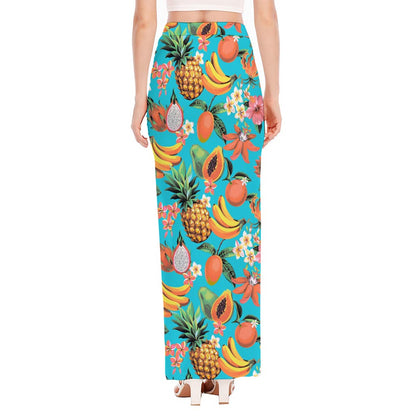 Vintage Tropical Fruits Pattern Print High Slit Maxi Skirt