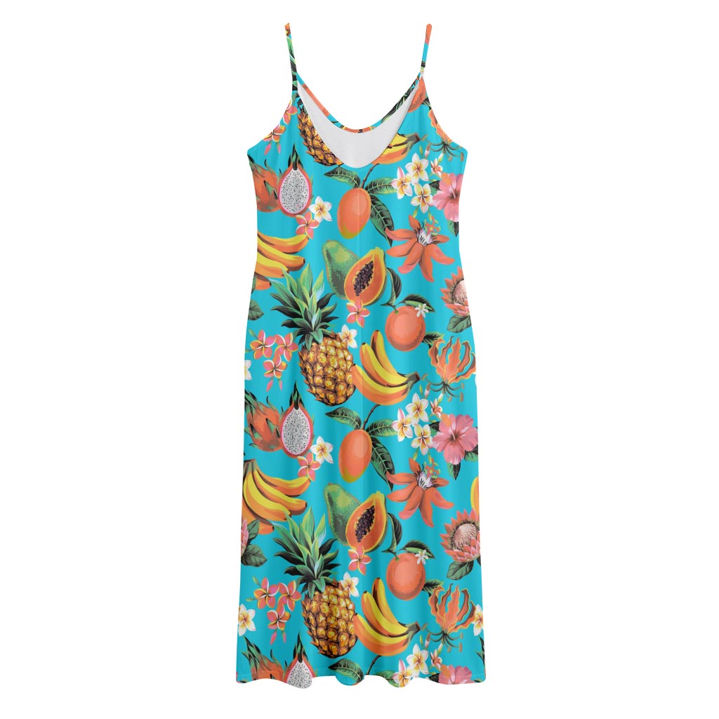 Vintage Tropical Fruits Pattern Print Jersey Midi Cami Dress