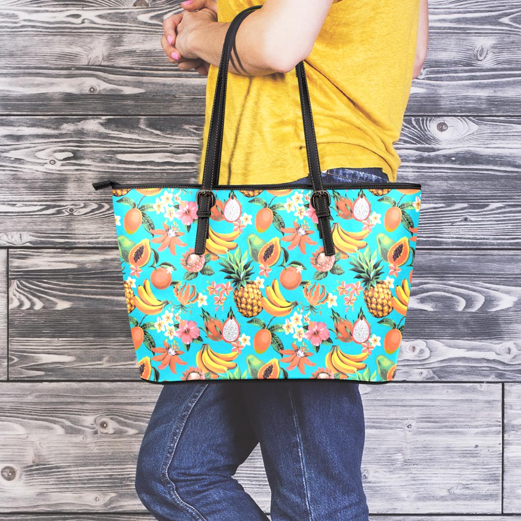 Vintage Tropical Fruits Pattern Print Leather Tote Bag