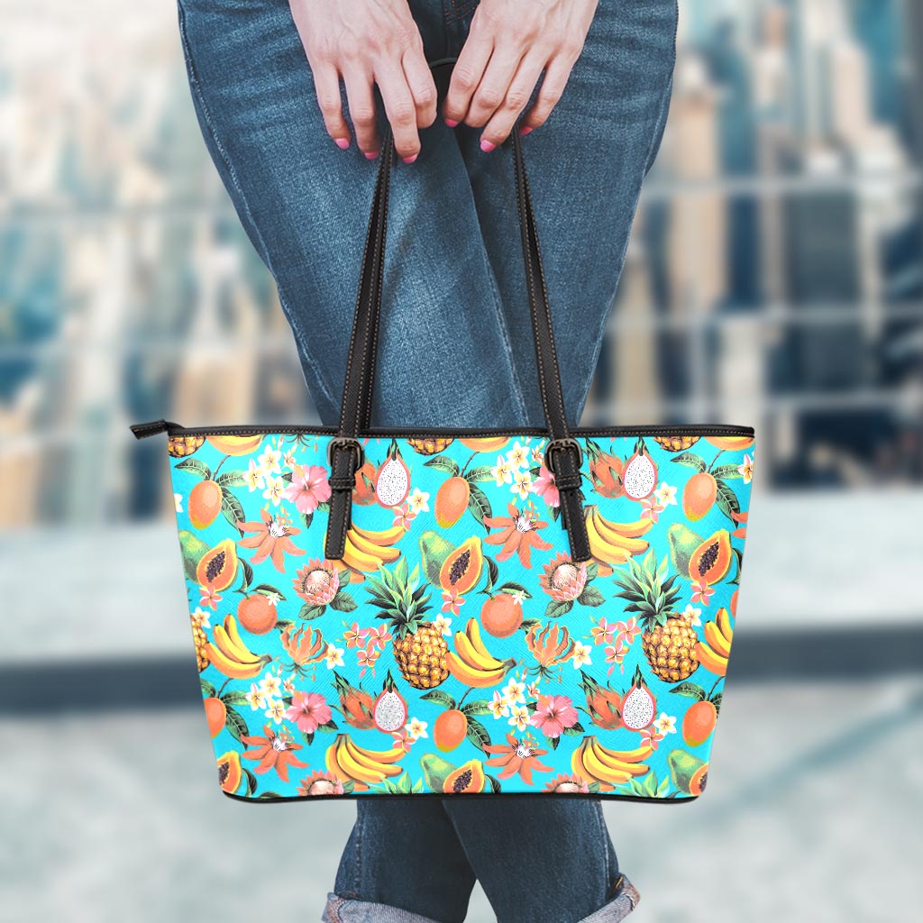 Vintage Tropical Fruits Pattern Print Leather Tote Bag