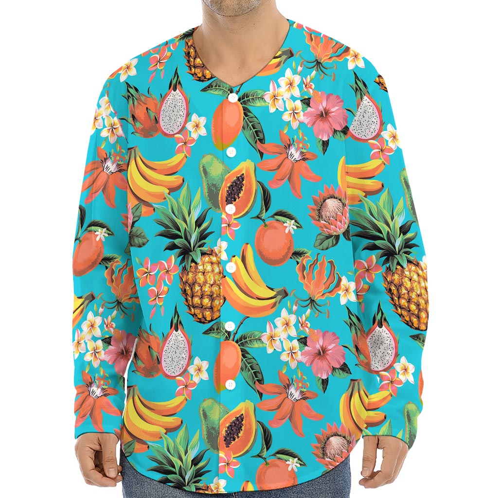 Vintage Tropical Fruits Pattern Print Long Sleeve Baseball Jersey