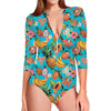 Vintage Tropical Fruits Pattern Print Long Sleeve Swimsuit