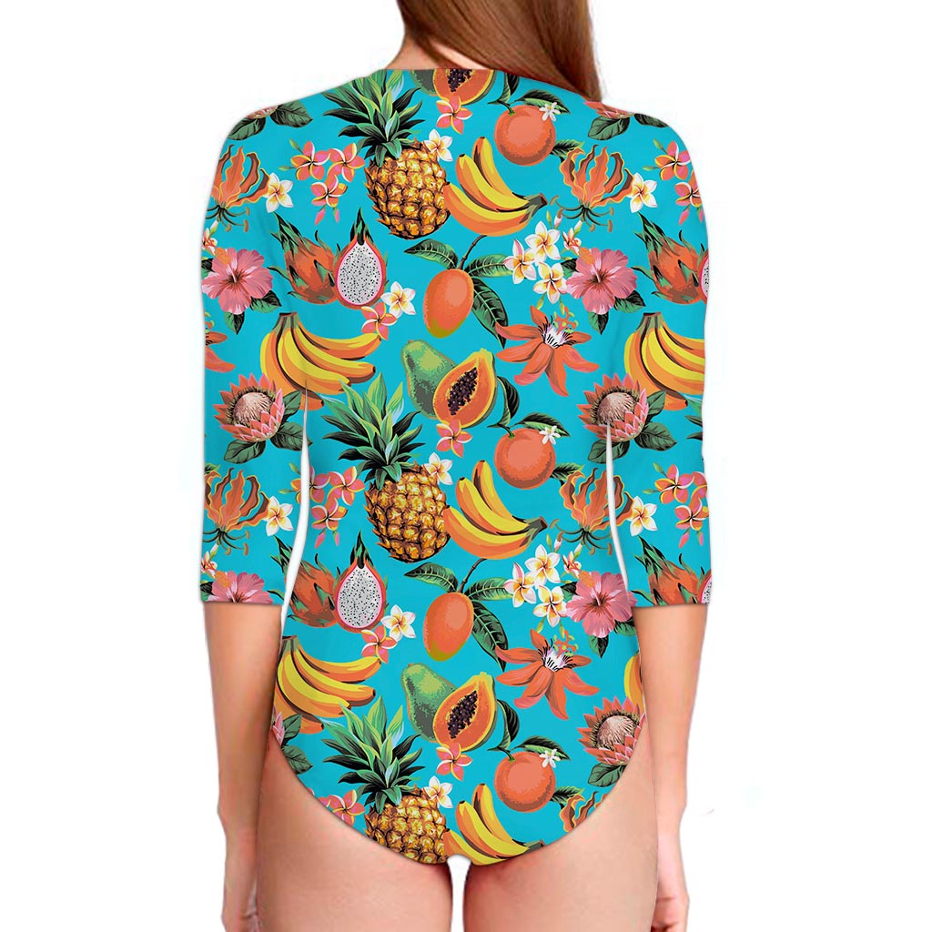 Vintage Tropical Fruits Pattern Print Long Sleeve Swimsuit