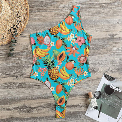 Vintage Tropical Fruits Pattern Print One Shoulder Bodysuit