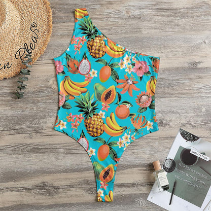 Vintage Tropical Fruits Pattern Print One Shoulder Bodysuit