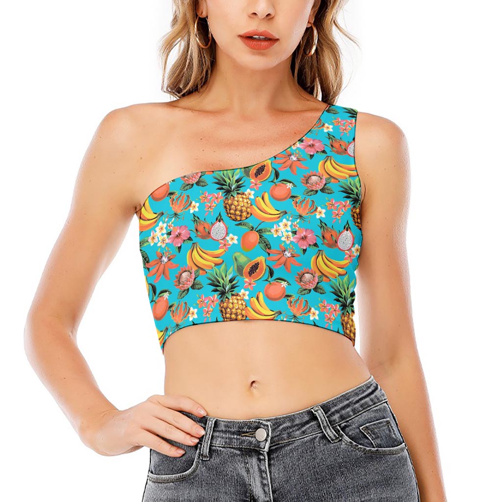 Vintage Tropical Fruits Pattern Print One Shoulder Crop Top