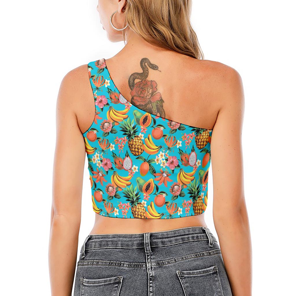 Vintage Tropical Fruits Pattern Print One Shoulder Crop Top