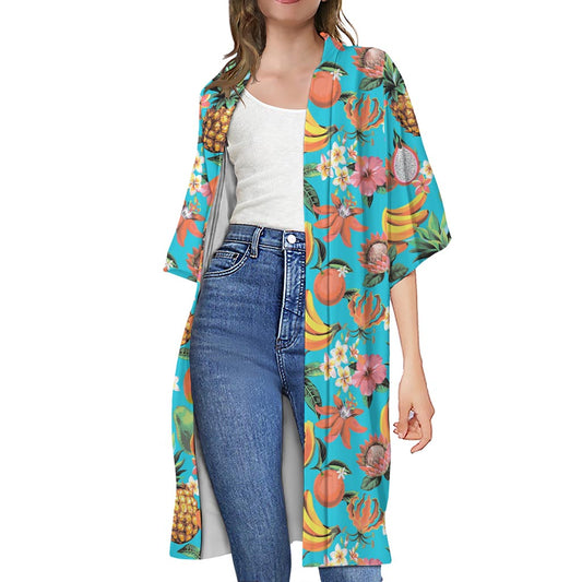 Vintage Tropical Fruits Pattern Print Open Front Beach Cover Up