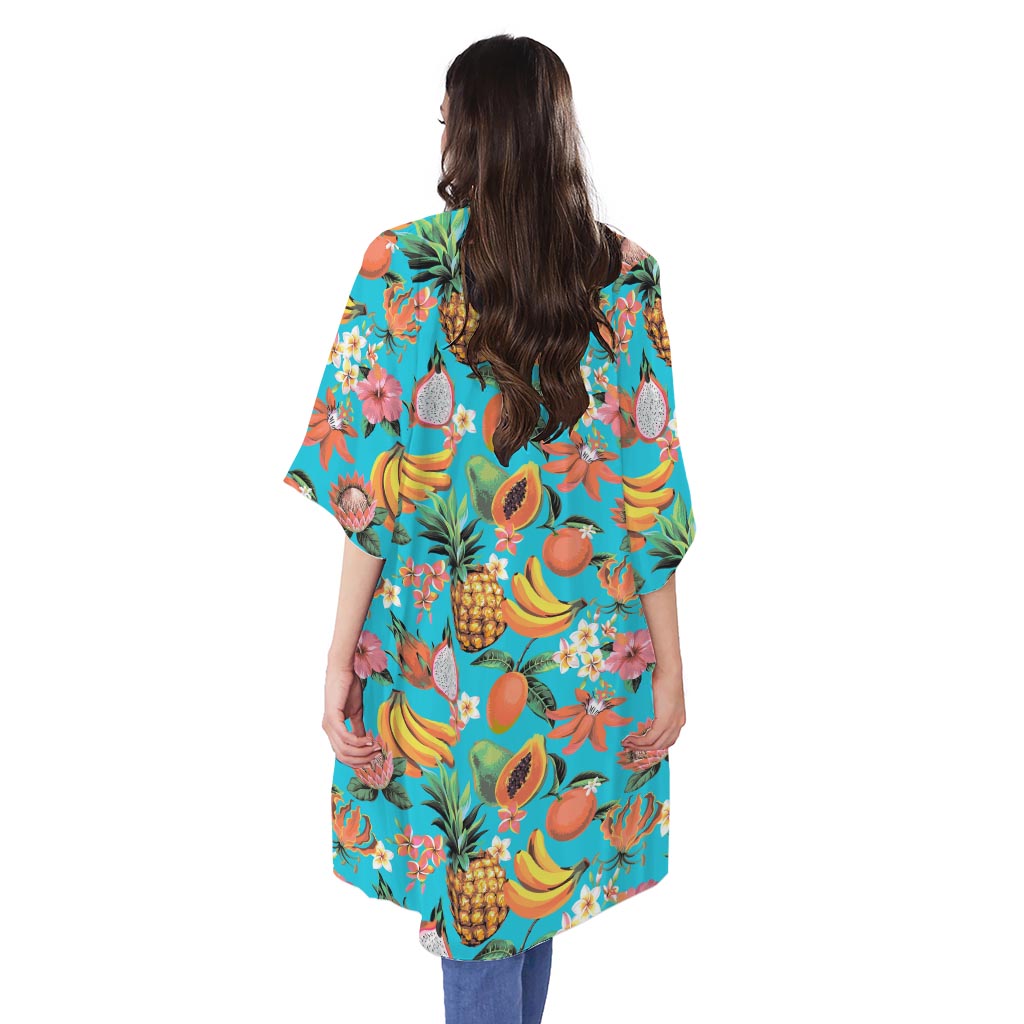 Vintage Tropical Fruits Pattern Print Open Front Beach Cover Up
