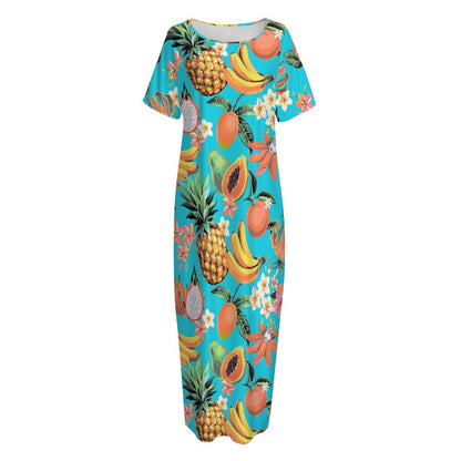 Vintage Tropical Fruits Pattern Print Short Sleeve Long Nightdress