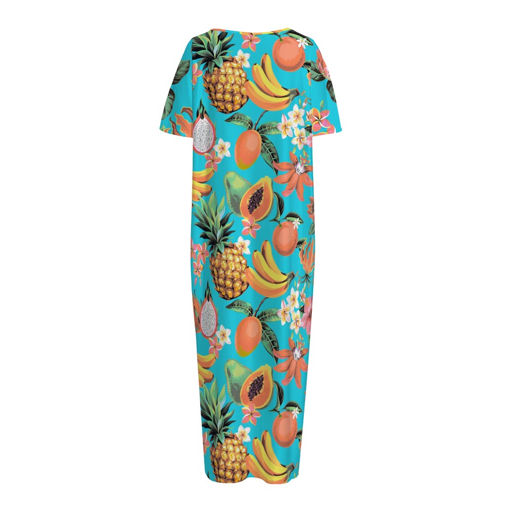 Vintage Tropical Fruits Pattern Print Short Sleeve Long Nightdress