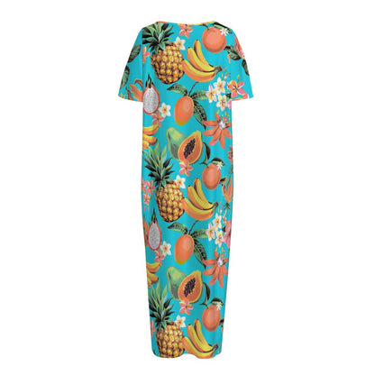 Vintage Tropical Fruits Pattern Print Short Sleeve Long Nightdress