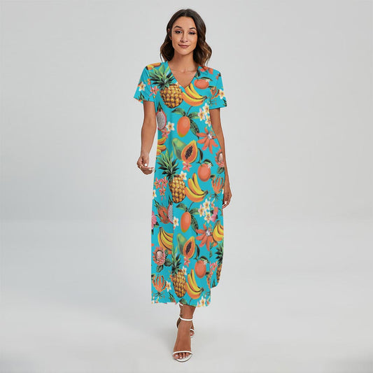 Vintage Tropical Fruits Pattern Print Short Sleeve Maxi Dress