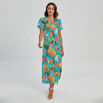 Vintage Tropical Fruits Pattern Print Short Sleeve Maxi Dress