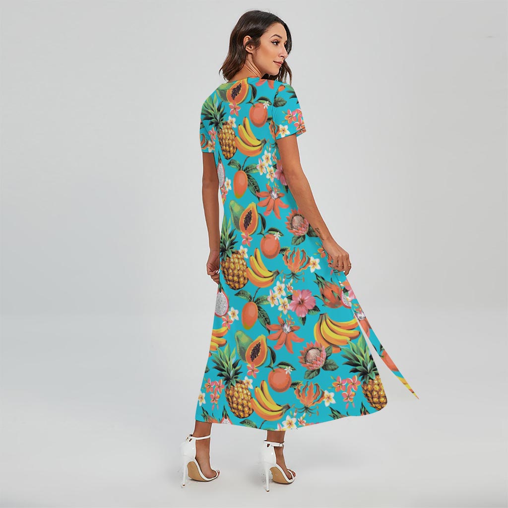 Vintage Tropical Fruits Pattern Print Short Sleeve Maxi Dress