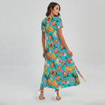 Vintage Tropical Fruits Pattern Print Short Sleeve Maxi Dress