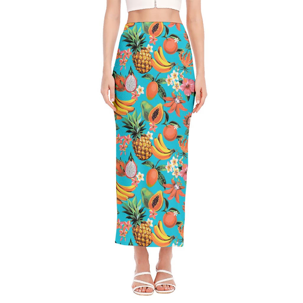 Vintage Tropical Fruits Pattern Print Side Slit Maxi Skirt